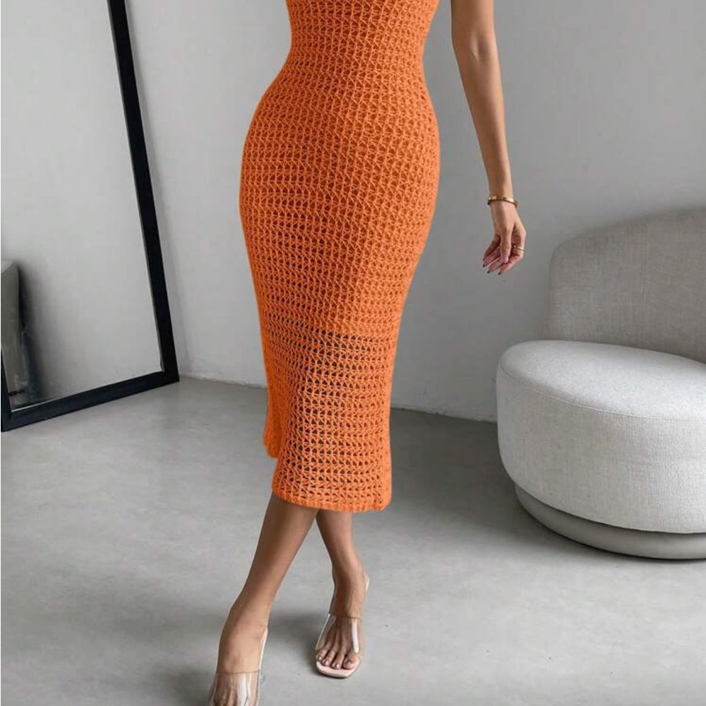 SHEIN Vibrant Orange Crochet Midi Dress